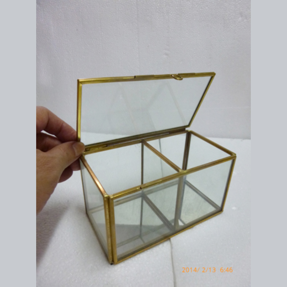 Twin rectangle clear glass cabinet,lid & brass frame all in clear